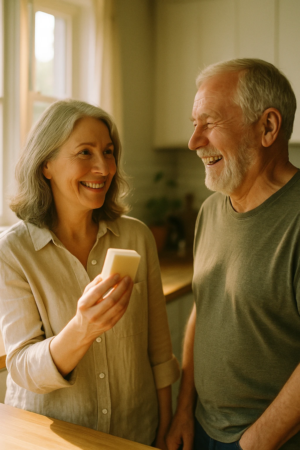 A couple in their sixties laughing in a kitchen, she holds the bar