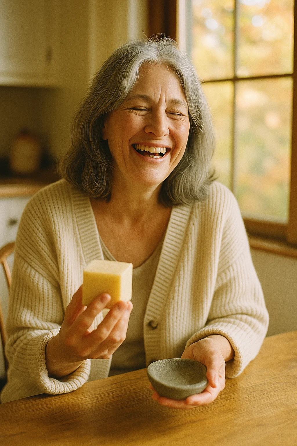 A woman in her late fifties laughing at a kitchen table, holding the Mirae bar and its stone dish