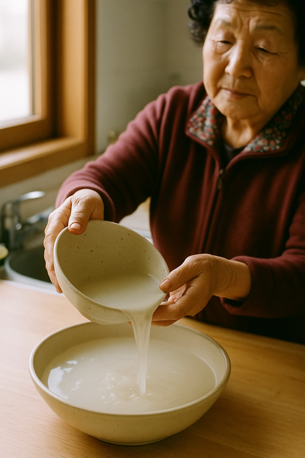 Rice water poured from a ceramic bowl