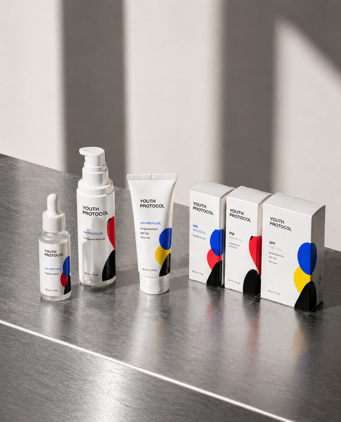 Skin Protocol — AM, PM, SPF bottles + packaging